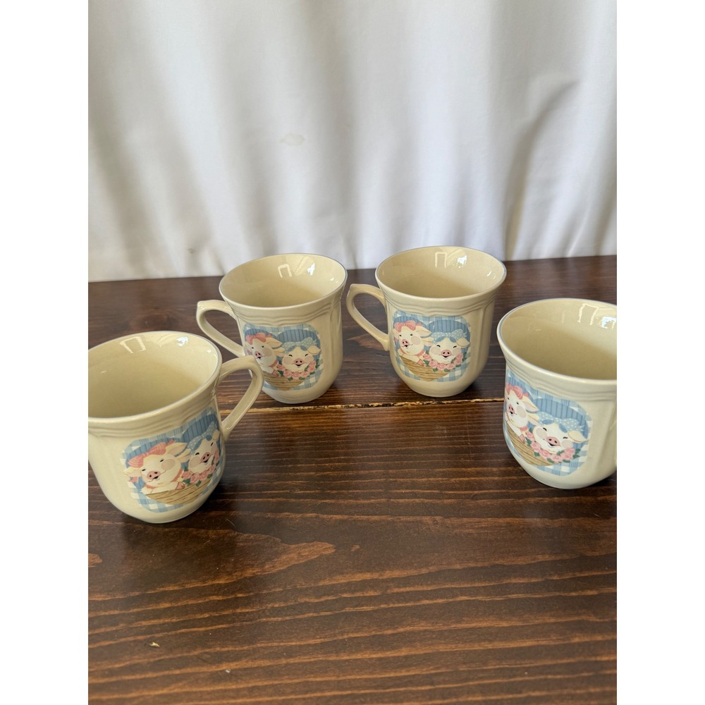 VTG Tienshan Stoneware Pig Pal Tea Set 4 Mugs 4 Saucers Country Farmhouse - Picture 13 of 14